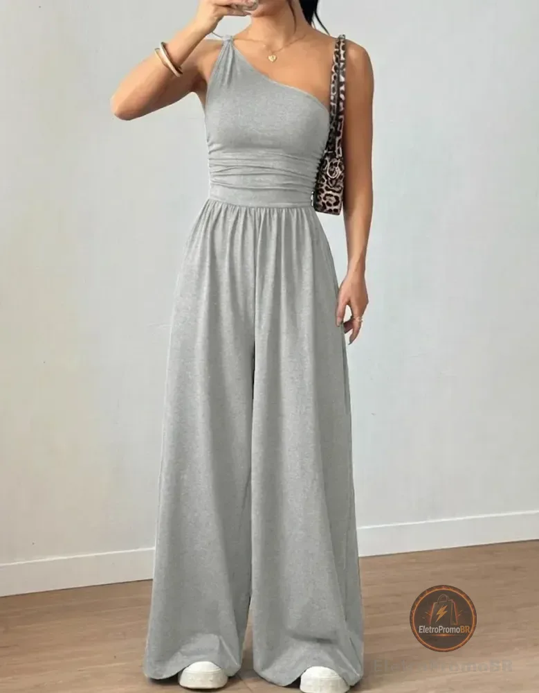 Macacão Feminino Longo Mula Manca Regata Elegante Social Cinza Único