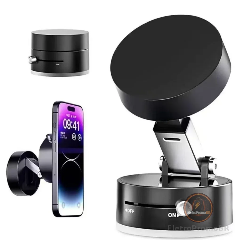 Suporte Magnético 360° Dobrável para Celular com Ventosa Dupla Face a Vácuo – Base Veicular Universal para Painel