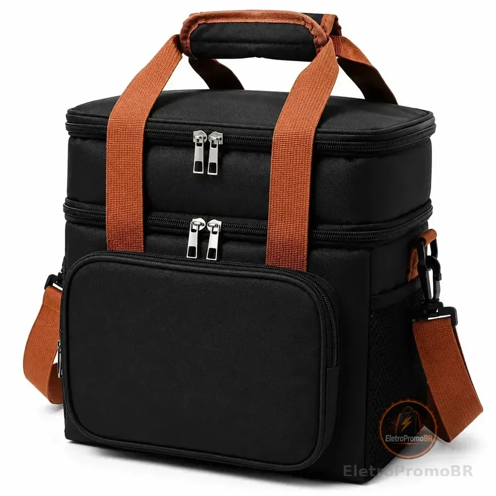 Bolsa Térmica Lancheira Marmita 13,5L 2 Compartimentos Frasqueira Impermeável Dupla Camada Alça de Ombro Fitness Trabalho Preta