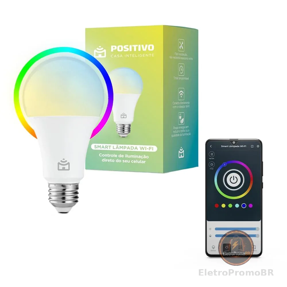 Smart Lâmpada Wi-Fi Positivo Casa Inteligente, Iluminação Branca (Quente e Fria) e RGB (Até 16 Milhões de Cores), 9W, 806 Lúmens, LED, Bivolt, Compatível com Alexa e Google Assistente