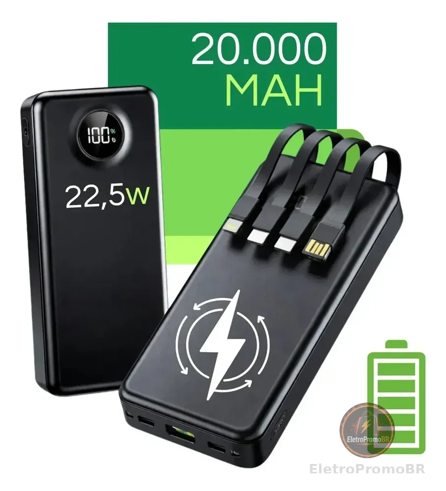 Carregador Portátil Davely Power Bank 20000mAh Turbo para Samsung, iPhone e Xiaomi