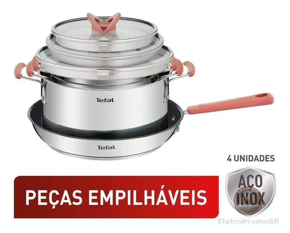 Jogo De Panelas 4 Peças Tefal Opti'space Inox Fundo Triplo