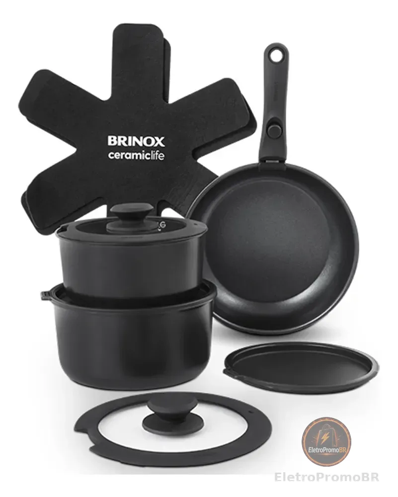 Jogo De Panelas Antiaderente Cerâmico 10 Peças Brinox Fit Cor Preto