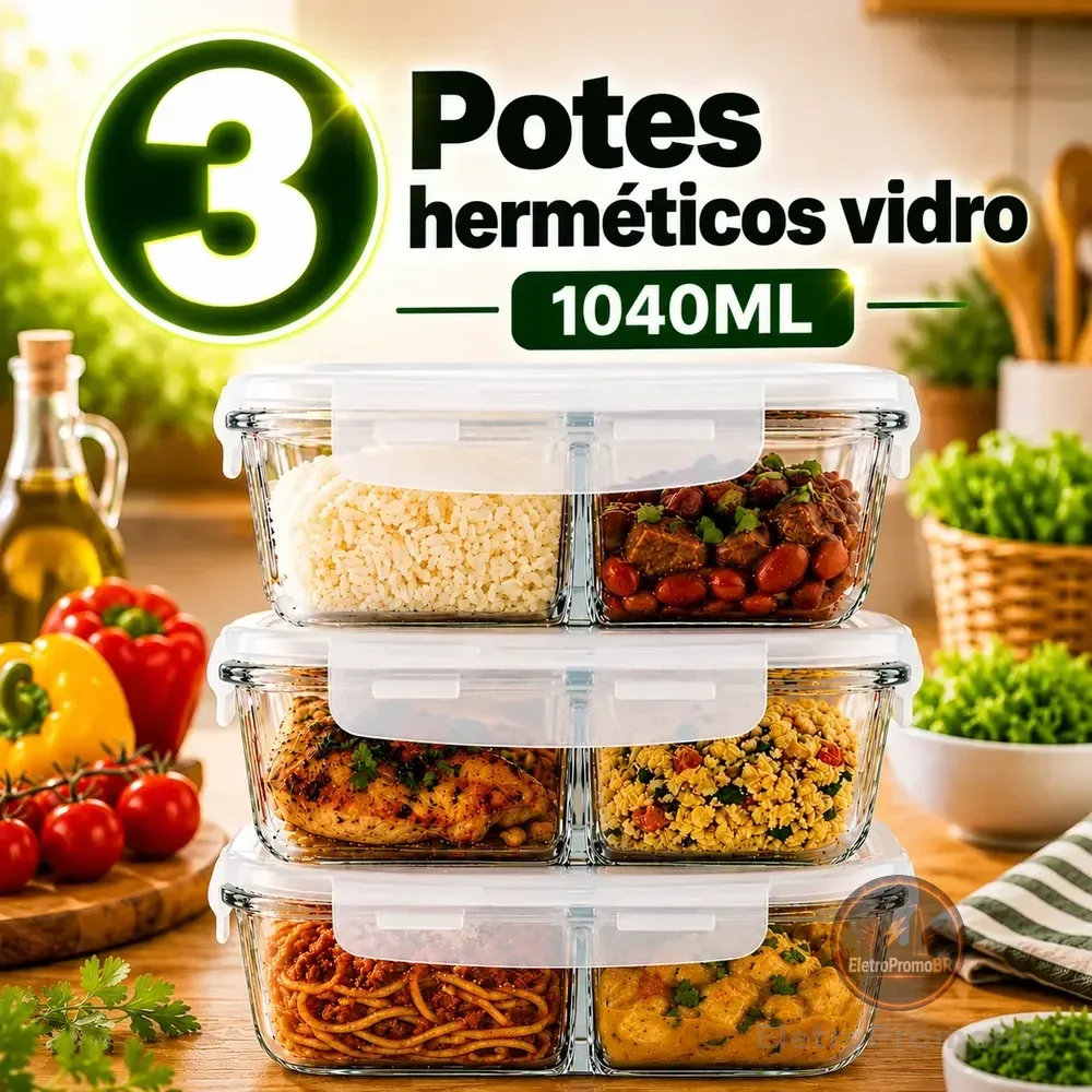 Kit 3 Potes Vidro 1040ml Hermético Marmita Forno Refratário Transparente
