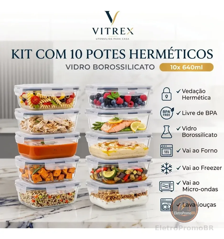 Kit 10 Pote De Vidro Marmita Hermético 640ml Freezer Fitness Vitrex