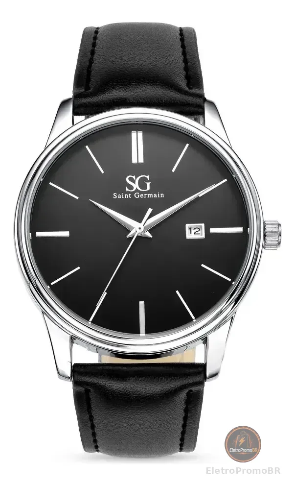 Relógio Masculino Chrowl Saint Germain Pulseira Couro Caixa Prateada Fundo Preto 42mm Clássico