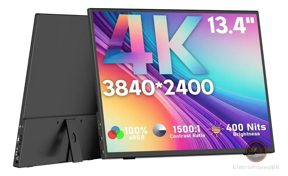 Monitor Portátil 4k Gamer 13,4  Slim Fino Ips Fhd Rgb Áudio Preto 220v