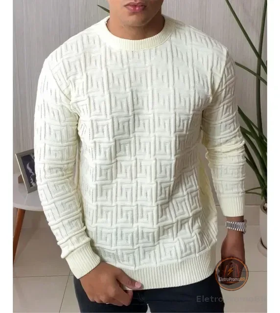 Suéter Masculino Lã Tricot Manga Longa Trabalhado