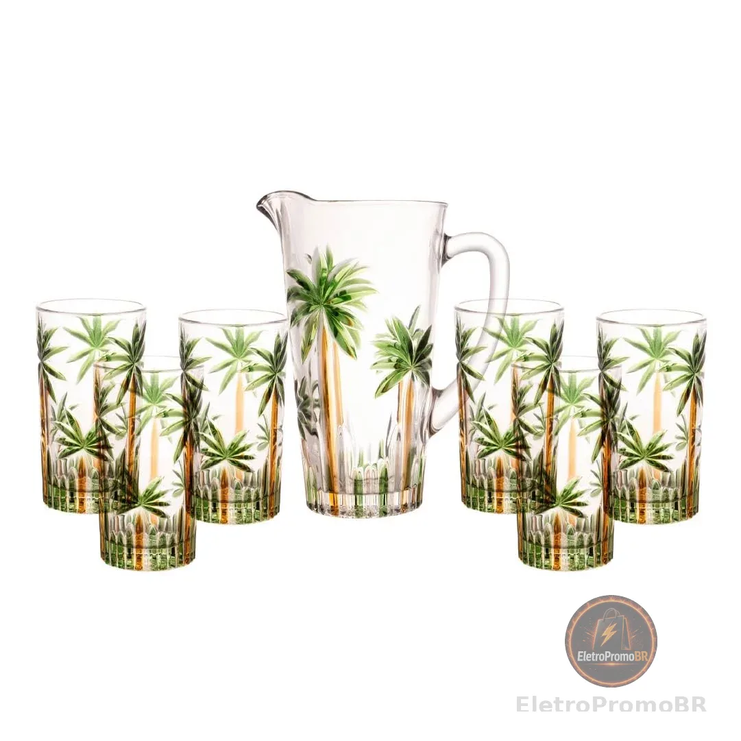 WOLFF - Conjunto Jarra com 6 Copos de Cristal Palm Tree Handpaint