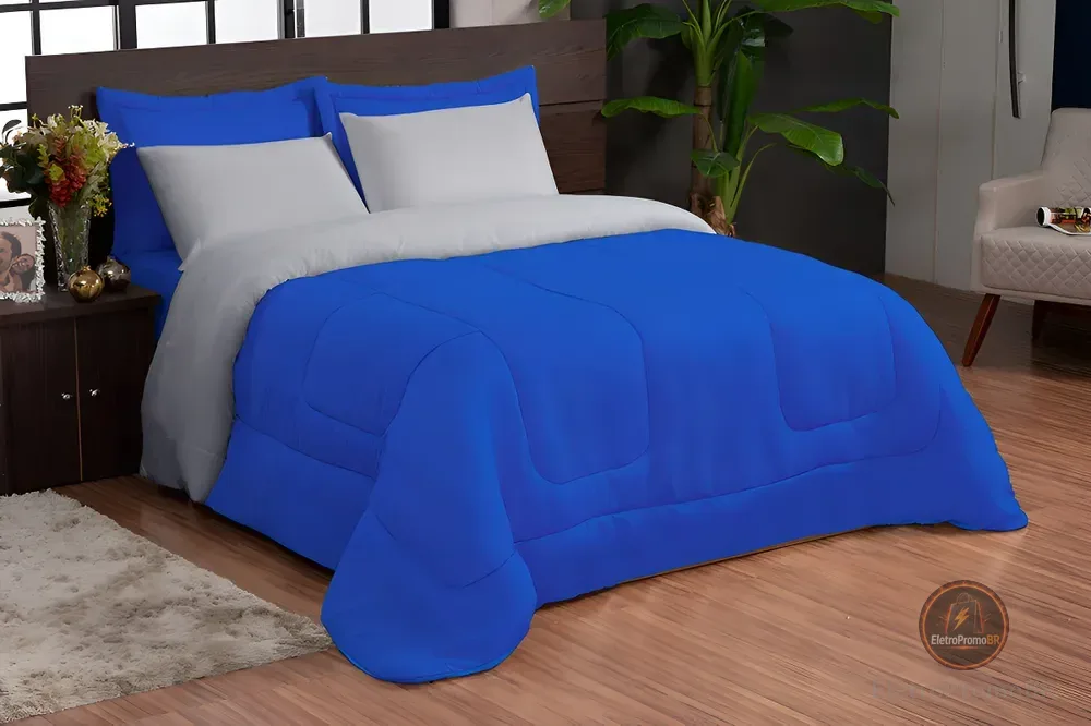 Kit Edredom Ternura Casal Queen + 4 Peças Dupla Face Azul Royal/branco Liso Casa Laura Enxovais