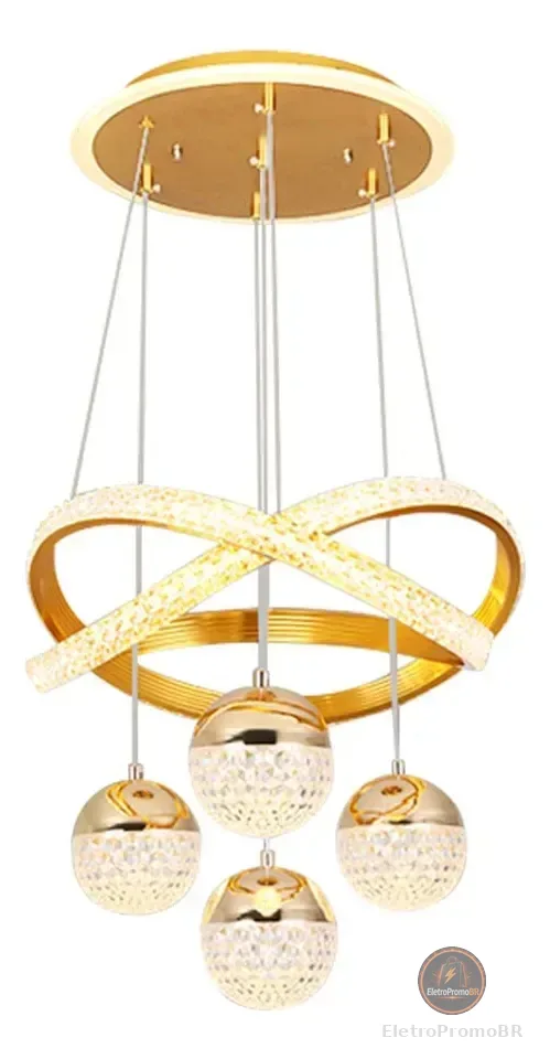 Lustres Led Pendente Moderno,luminaria De Teto 2anéis 4bolas 127/220v Dourado