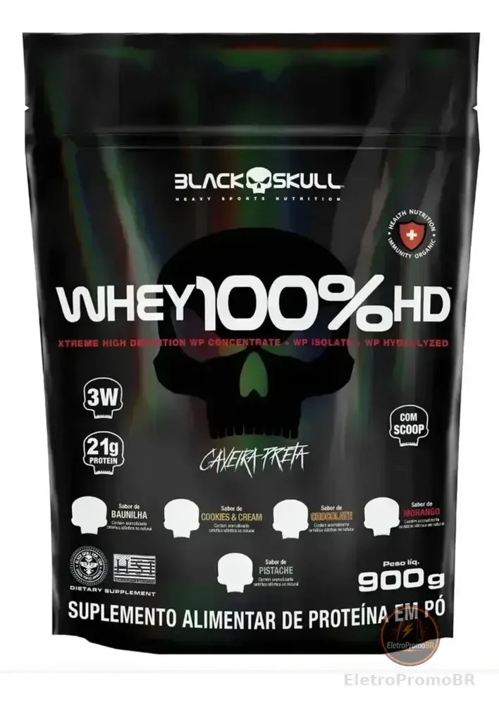 Whey 100% Hd Refil Black Skull - 900g (wpc, Wpi E Wph) Sabor Baunilha