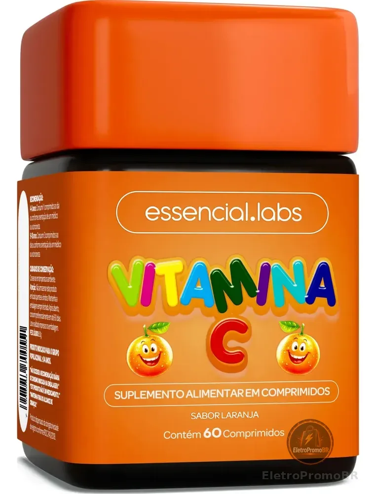 VITAMINA C KIDS / INFANTIL Sabor Laranja - Fórmula Exclusiva com Máxima Concentração e Pureza - 60 Comprimidos Mastigáveis