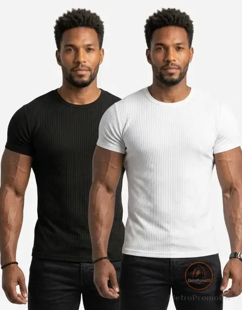 Kit 2 Camisetas Americana Texturizada Canelada Ribana Slim