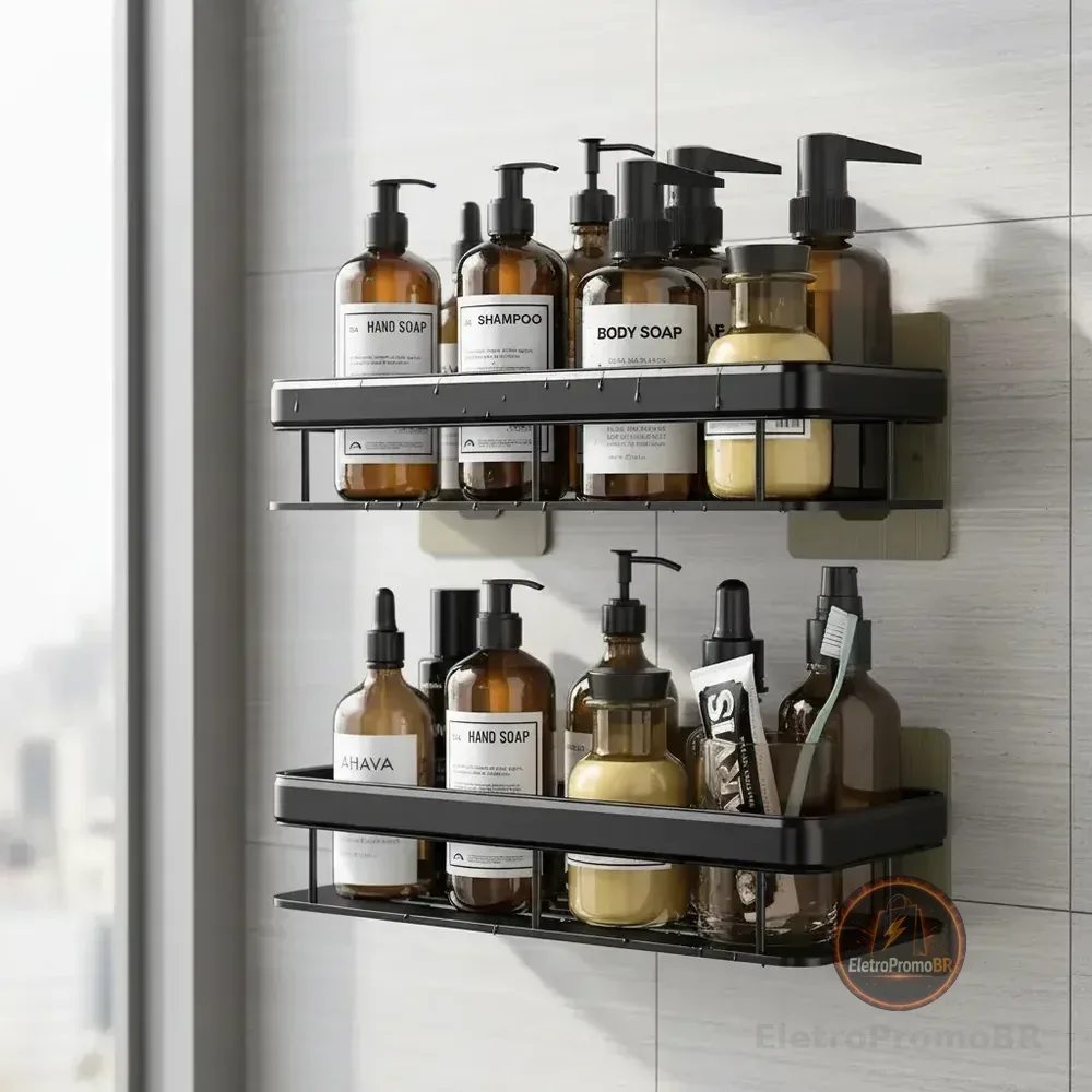 Kit 2 Suporte Shampoo Sabonete Banheiro Adesivo Parede Luxo Preto