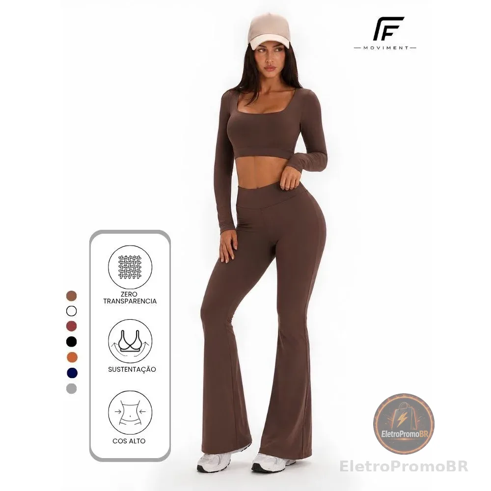 Conjunto de Academia Feminina Liso Zero Transparência Suplex Poliamida Flare Manga Longa Fitness