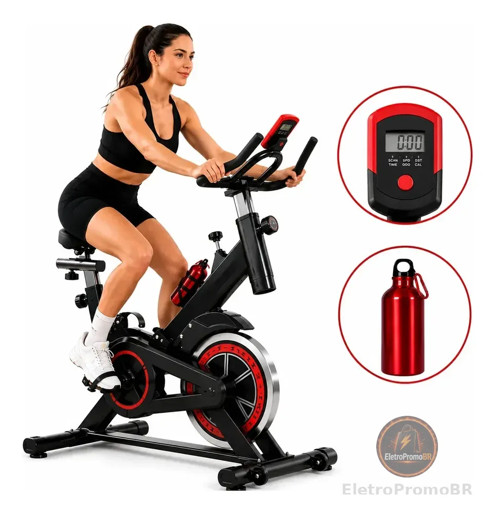 Bicicleta Bike Ergométrica 6kg Ajustável Resistente Academia Preta Com Vermelho 127/220v