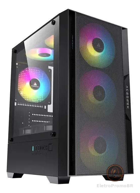 Gabinete Gamer Acegeek Stratus Mesh Preto Mid-Tower com Lateral de Vidro