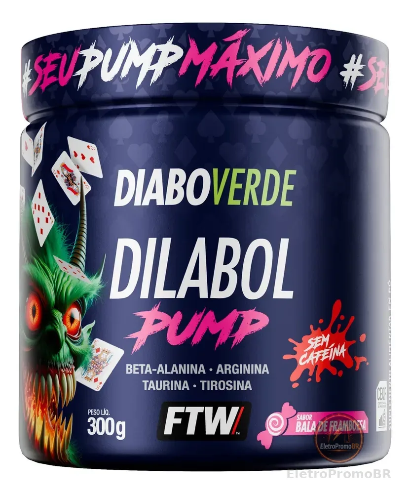 Pré Treino Dilabol Pump Diabo Verde Sem cafeína Pote 300g Sabor Bala De Framboesa - FTW