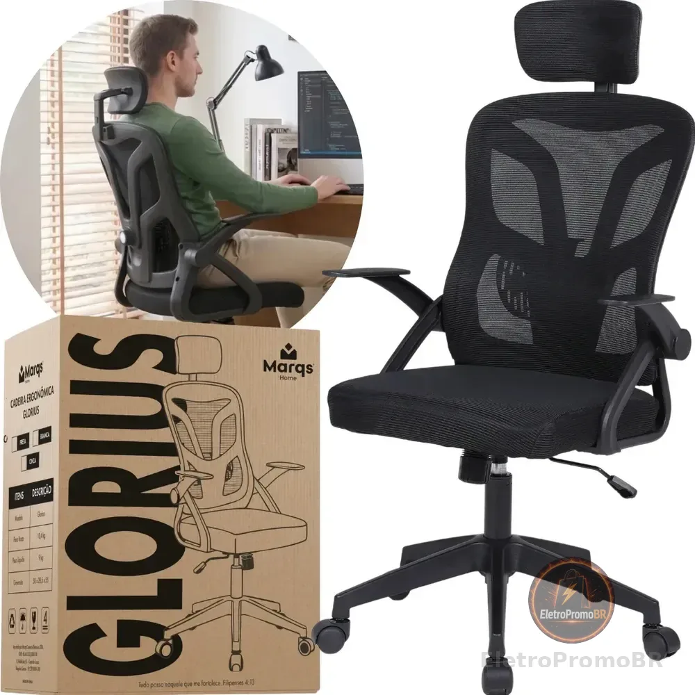 Cadeira De Escritorio Ergonomica Nr17 Glorious Marqs Home Giratoria Resistente Reforçada 180kg Confortavel Reuniao Mesh Preta