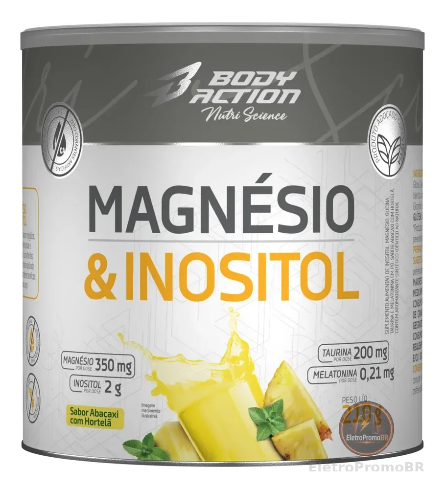 Magnésio E Inositol Taurina Melatonina 210g Bodyaction Sabor Abacaxi com hortelã