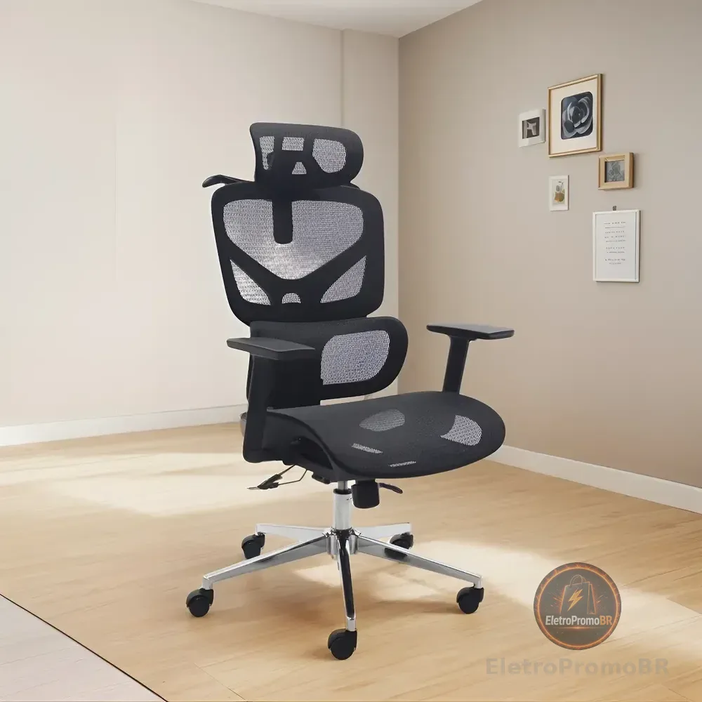Cadeira Para Escritorio Linha Premium Ajuste De Altura Regulagem Na Lombar Ergonômica Estofado 100% Respirável Em Mesh 2D Reclinável Giratória Marca Brin7 Modelo B7-006