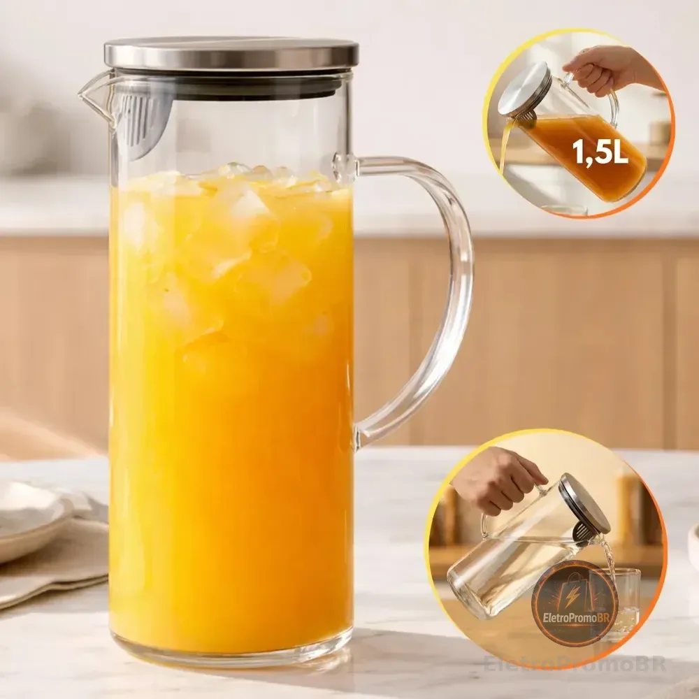 Jarra Vidro Borossilicato 1,5 Litros Tampa Inox Hermética Agua Suco Transparente