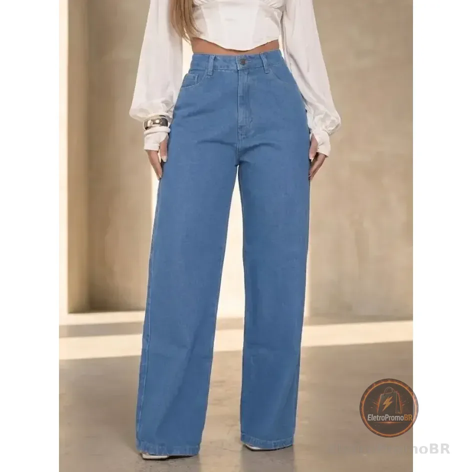 Calça Jeans Wide Leg Feminina Cintura Alta Pantalona Jeans Claro Liso 40