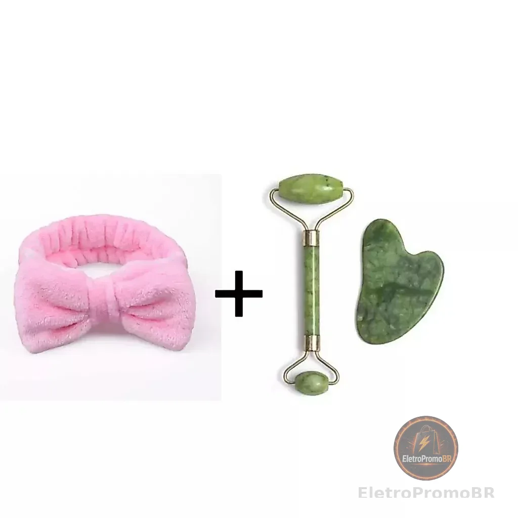 kit Rolos Massageador Pedra De Jade Massagem Facial + Faixa de laço Maquiagem