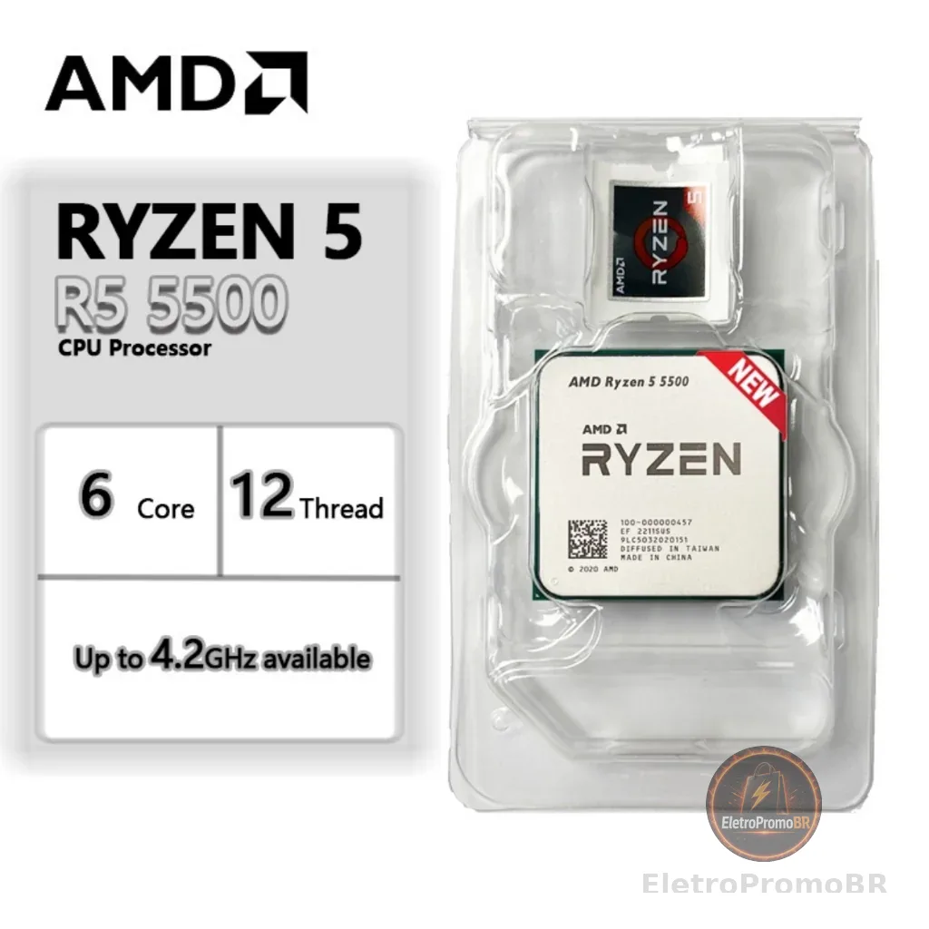 Processador AMD Ryzen 5 5500, 6-Core, 12-Threads, 3.6GHz (4.2GHz Turbo), Cache 19MB, AM4 Novo S/Caixa