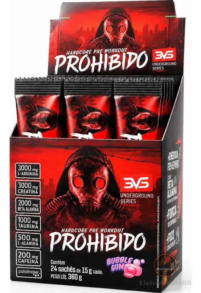 PRÉ TREINO PROHIBIDO 24 Sachês dose individual com 15g cada - Sabor: Bubble Gum - Fórmula Exclusiva com 11 ingredientes