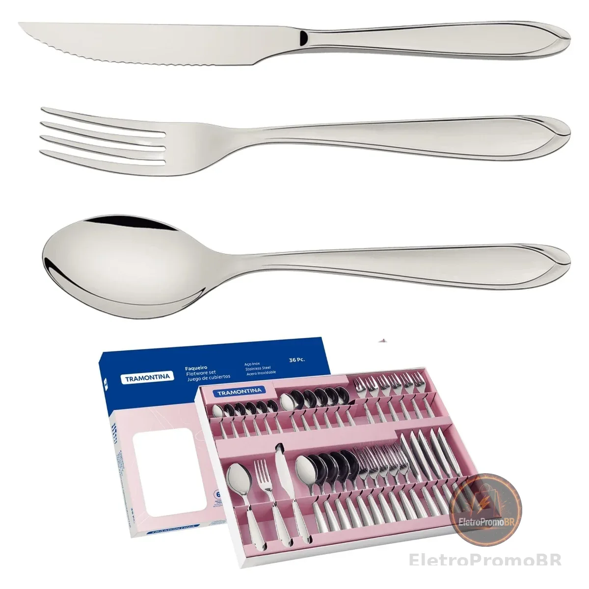 Faqueiro Aço Inox com Faca para Churrasco com 36 Peças Tramontina Laguna Prata