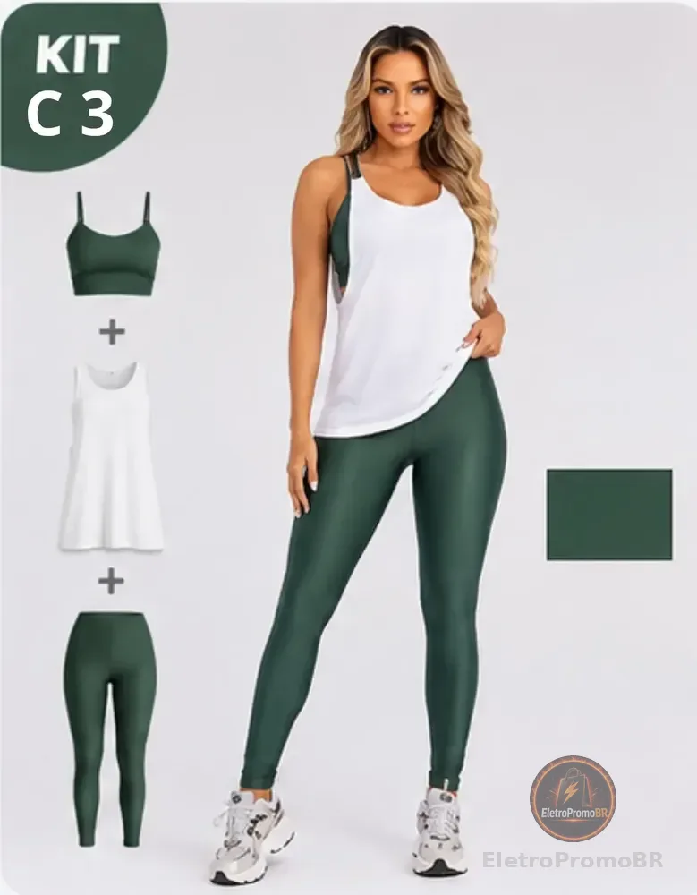 Kit Conjunto Cropped Legging + Regata Fitnes Academia Treino Verde Militar M