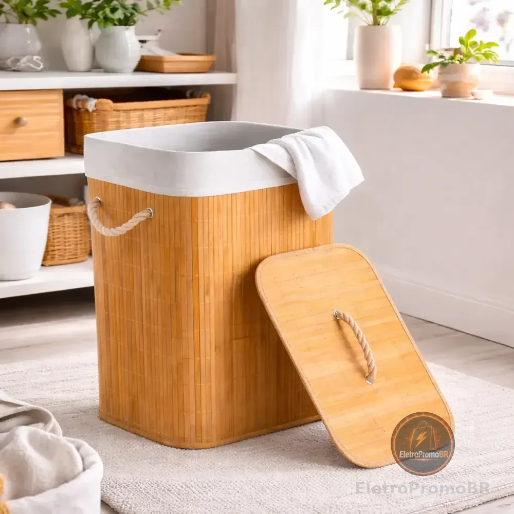 Cesto De Roupa Suja Bambu Dobrável Com Tampa Alças 72 Litros Bambu