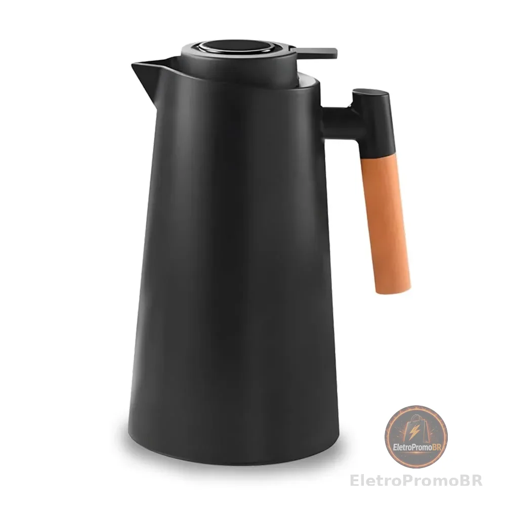 Garrafa Térmica 1L Preto Design Elegante com Cabo de Madeira para Café Chá e Bebidas Quentes Mesa Posta Premium
