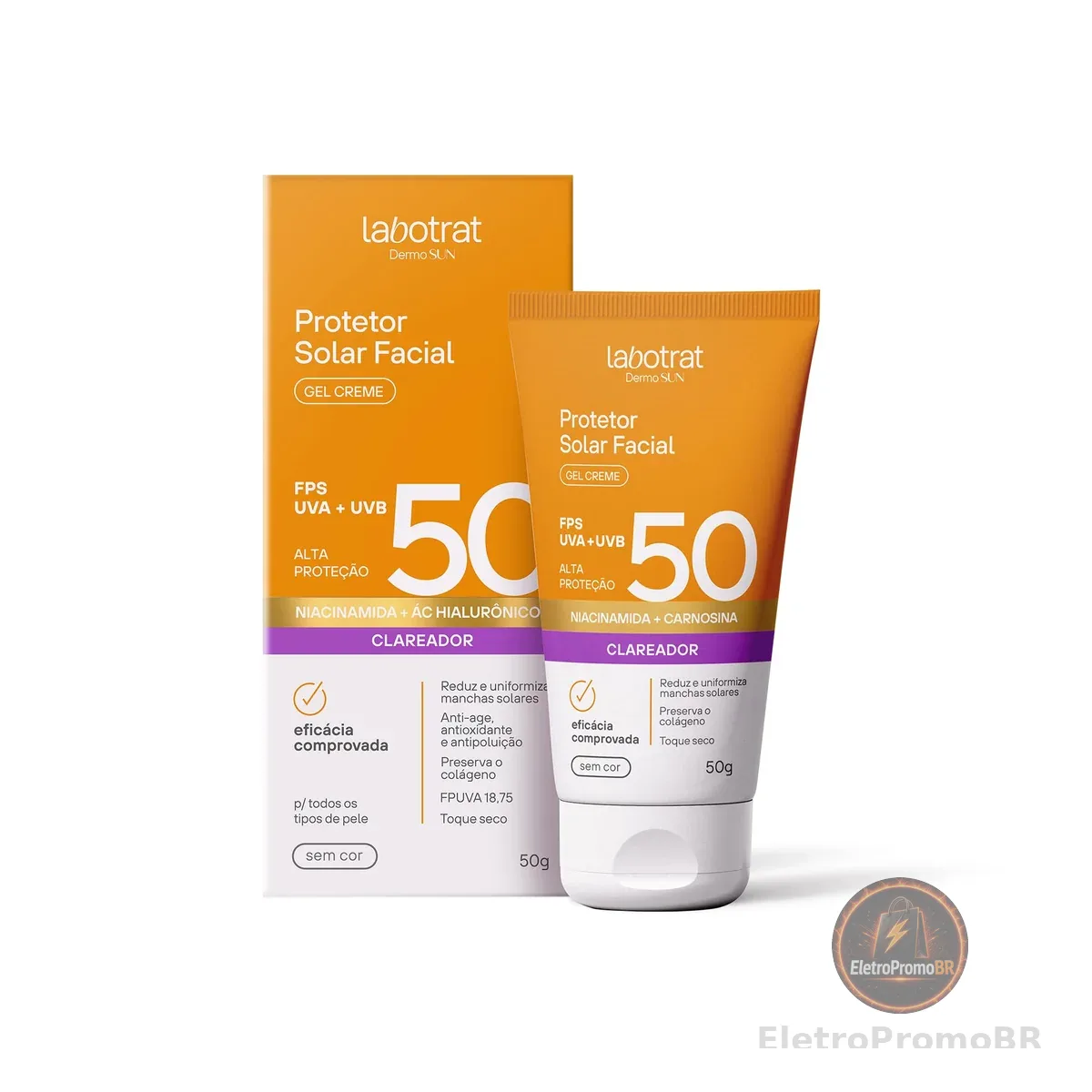 Labotrat Dermo Sun Protetor Solar Facial FPS 50 Gel Creme Sem Cor 50g | Clareador, Alta proteção UVA/UVB, Defesa luz azul e infravermelhos, Niacinamida, vitamina E, carnosina