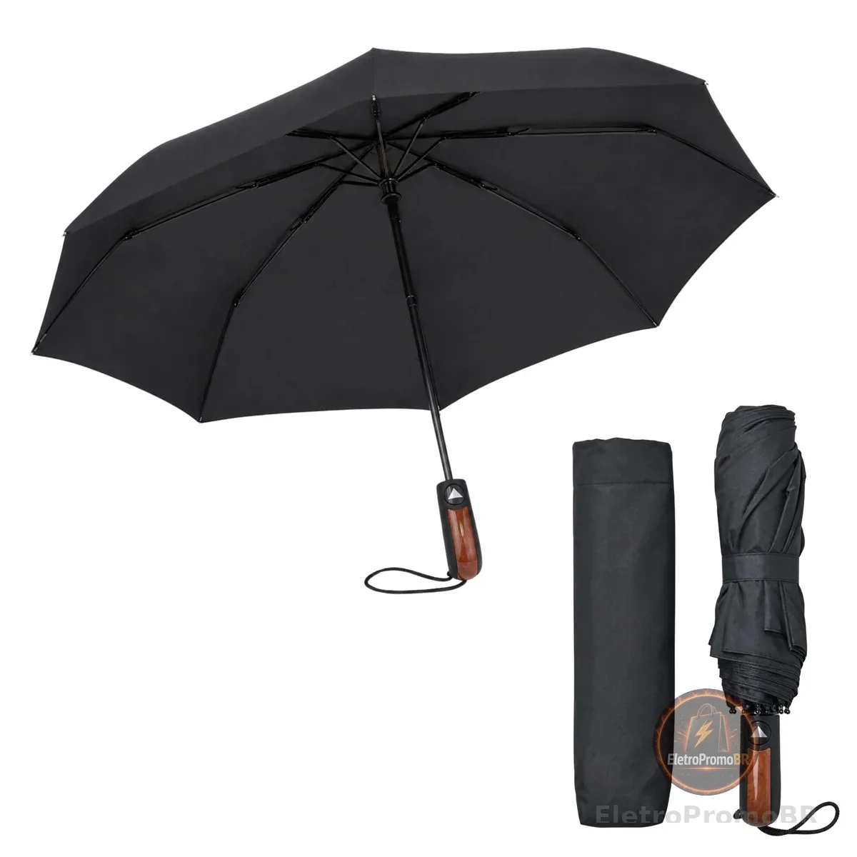 Guarda Chuva Automático Preto Médio Reforçado 8 Varetas Compacto Resistente Vento Sombrinha Portátil Proteção UV Moderno