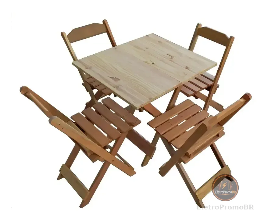 Jogo Conjunto Mesa Dobrável 70x70 C/4 Cadeiras Madeira