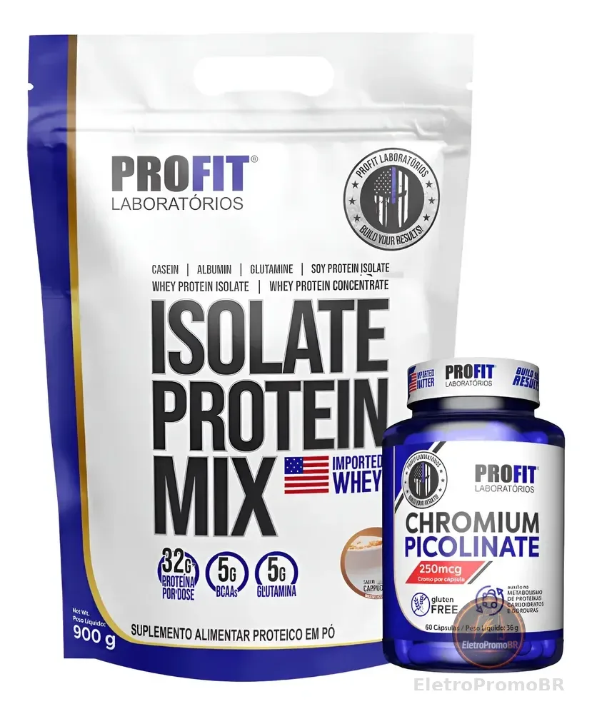 Kit Whey Isolate Protein Mix + Picolinato De Cromo Profit Morango 900g | Picolinato De Cromo 60 Cápsulas