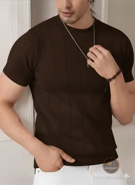 Blusa Masculina Básica Manga Curta Canelada Tricot Modal