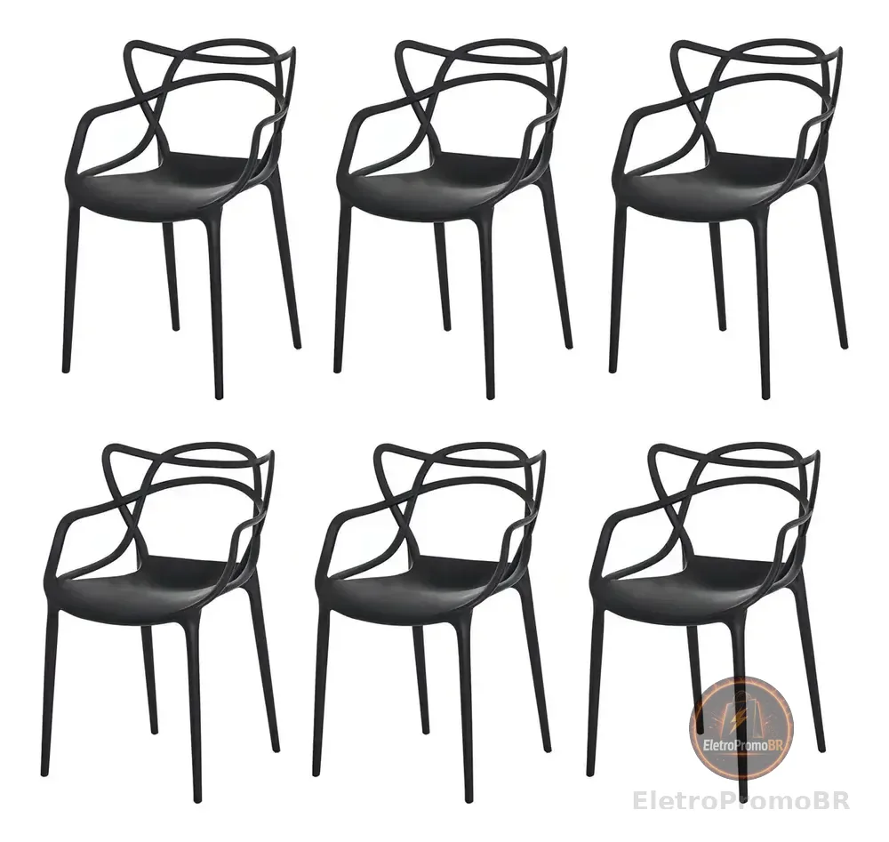 Kit 6 Cadeiras de Jantar Allegra Waw Design Empilhável em Polipropileno Preto