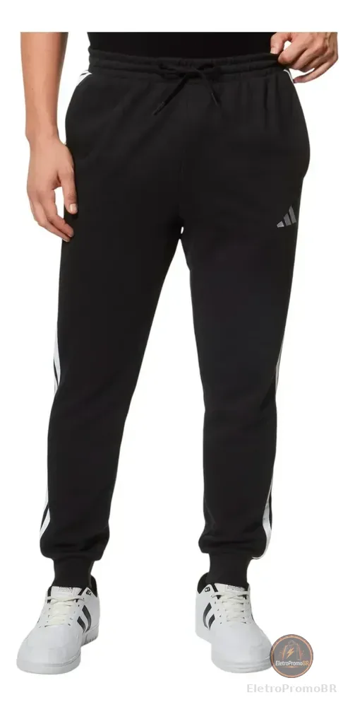 Calça Masculina Essentials French Terry 3 Listras adidas Preto E Branco Liso P