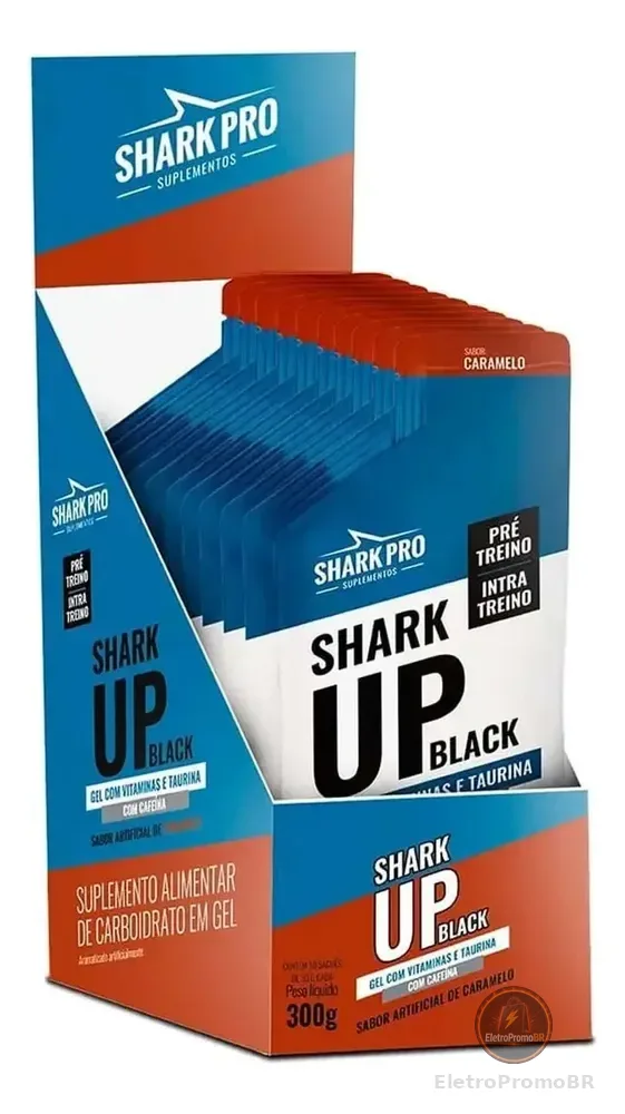 Gel Pré-treino Shark Up Black de Caramelo com 10 Sachês de 30g