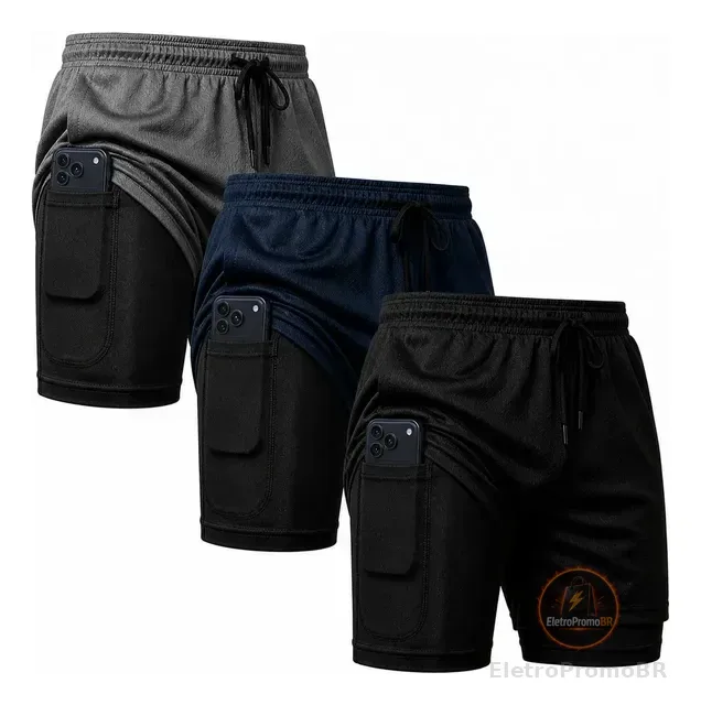 Kit 3 Shorts 2 Em 1 Masculino De Compressão Corrida Academia