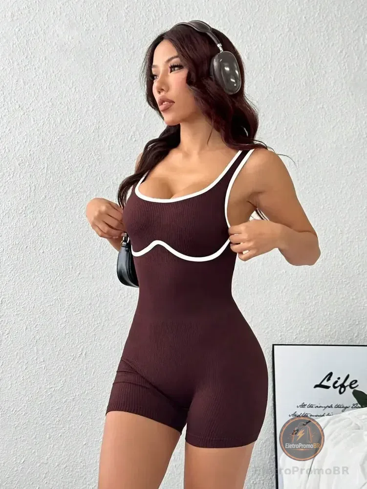 Macaquinho Fitness Feminino Macacão Academia Bicolor Treino Marrom Único 38 Ao 44