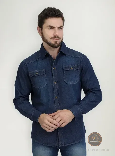 Camisa Jeans Social Manga Comprida Casual Basico