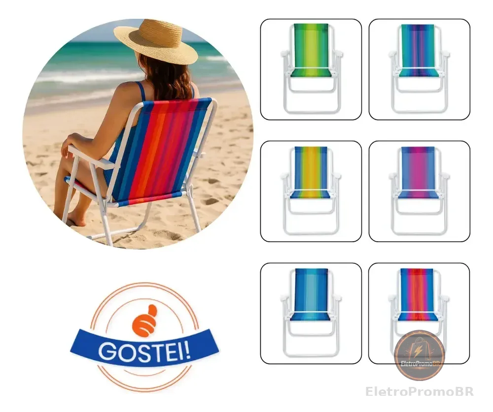 Cadeira De Praia Dobravel Aço Sortida Confortável 110kg Premium Unitário Oferta Gostei!