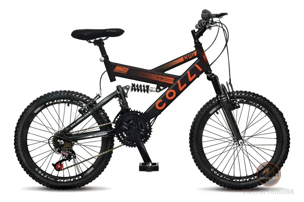 Bicicleta Colli Gps Dupla Suspensão Full Aro 20 21v Cor Preto C/ Laranja Neon Tamanho do quadro 14