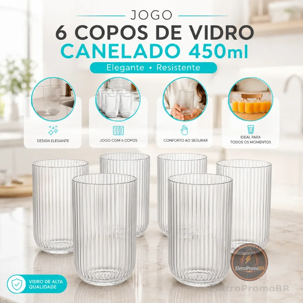 Jogo 6 Copos de Vidro Canelado 450ml Elegante Resistente para Água Suco e Drinks