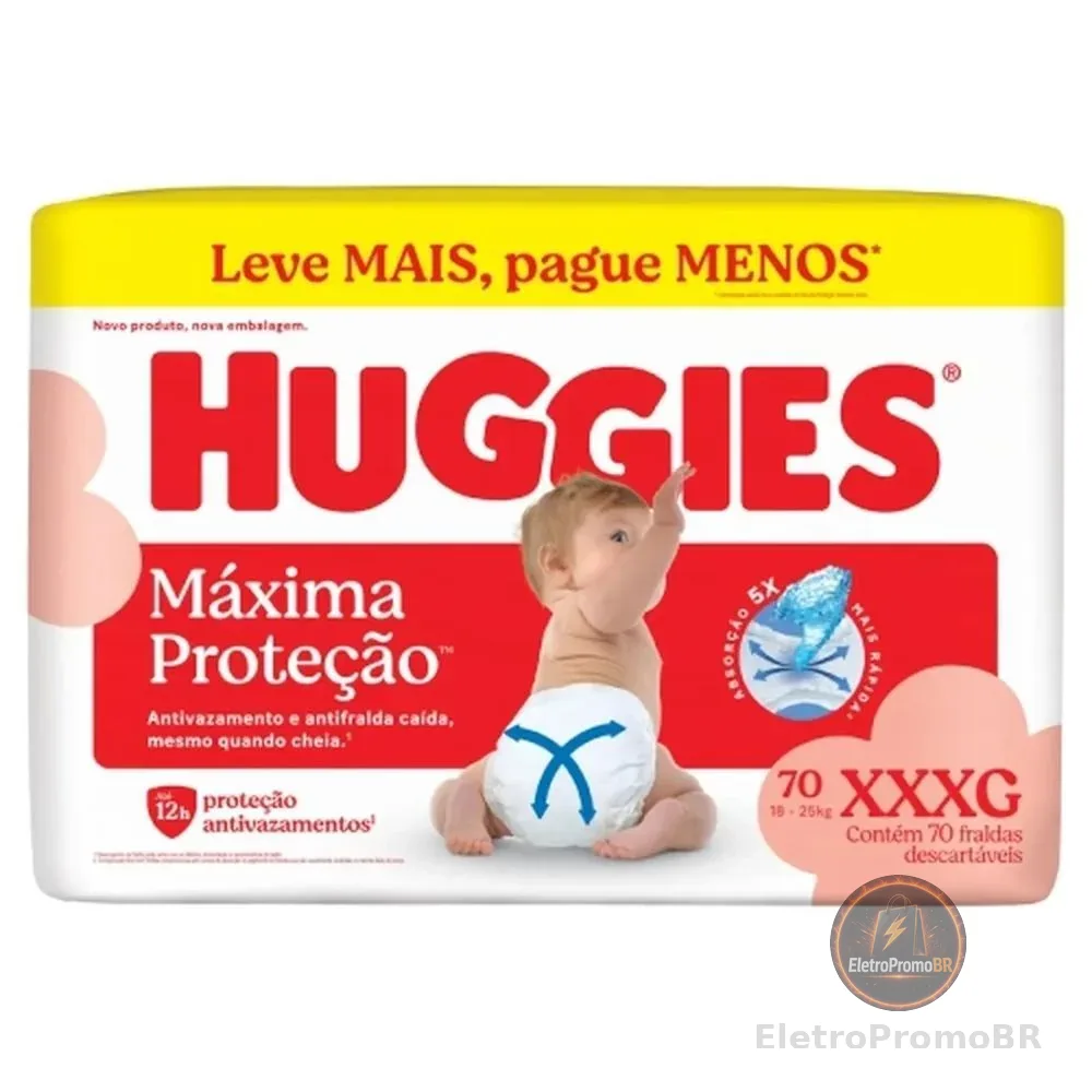 Fralda Descartável Infantil Huggies Máxima Proteção XXXG Pacote 70 Unidades Leve Mais Pague Menos